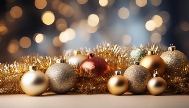 Tinsel and baubles for Christmas tree decoration, AI generated image