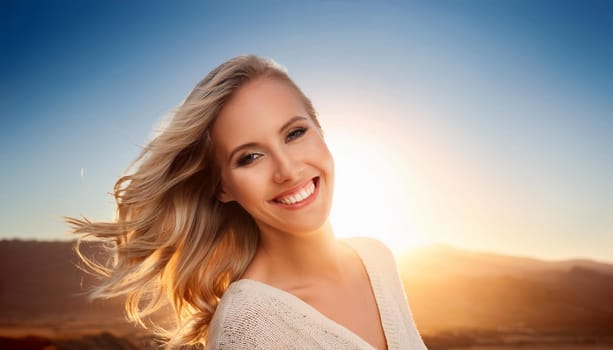 gorgeous young woman with sun behind, AI generated image