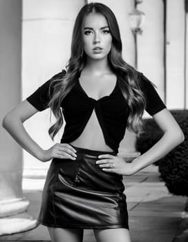 pretty young woman in black and white in miniskirt, AI generated image