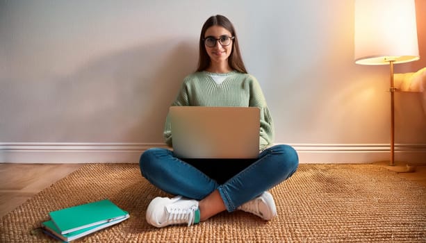 young female student seated on the floor with laptop pc, AI generated image