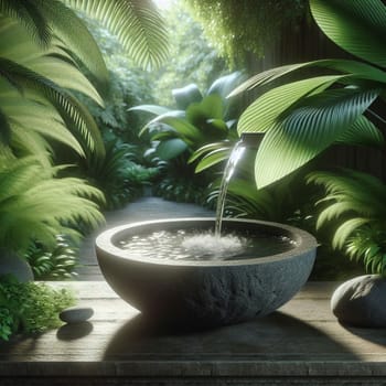 A serene scene of a stone bowl filled with water, with a stream pouring in from a pipe, set in a lush tropical garden. A high-quality photo.