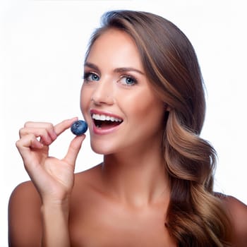 gorgeous young woman eating blueberries, AI generated image