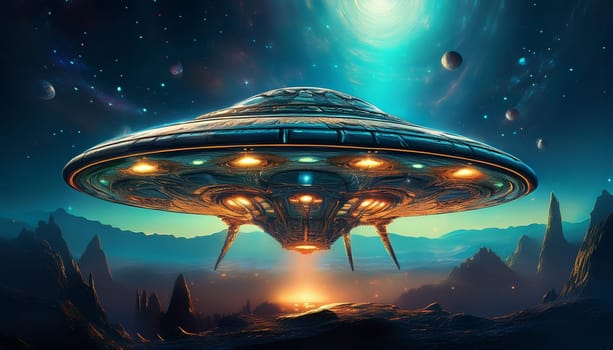 aliens flying saucer illustration, AI generated image