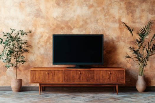 Television put on wood table, painted wall background. AI generated
