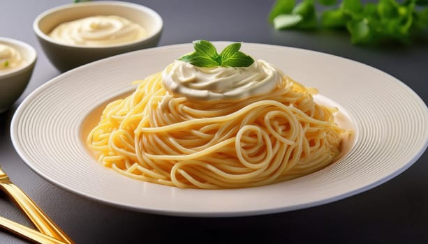 spaghetti with mayonnaise vegetarian food, AI generated image
