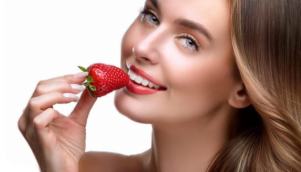 gorgeous young woman eating strawberries, AI generated image
