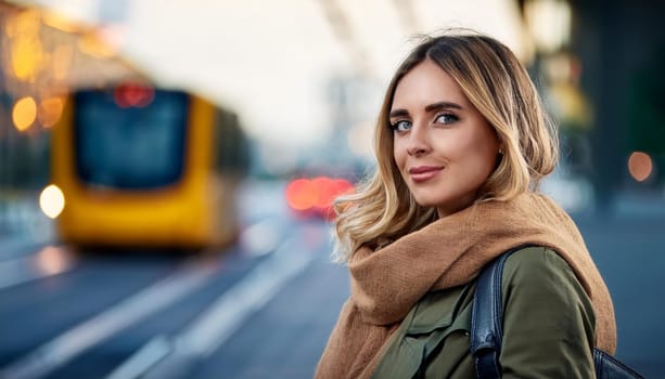 pretty young woman waiting for transport at bus stop, AI generated image