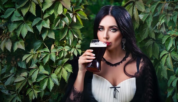 gorgeous young goth woman drinking beer, AI generated image