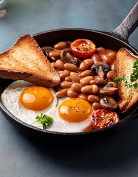 vegetarian English breakfast with baked beans fried mushrooms and egg, AI generated image