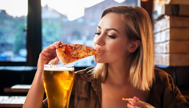 gorgeous young woman eating pizza and drinking beer, AI generated image