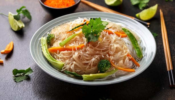 asian rice noodles with shiitake mushrooms and vegetables, AI generated image