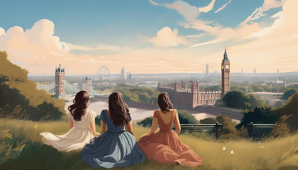 gorgeous young women looking at the city skyline from a hill, AI generated image