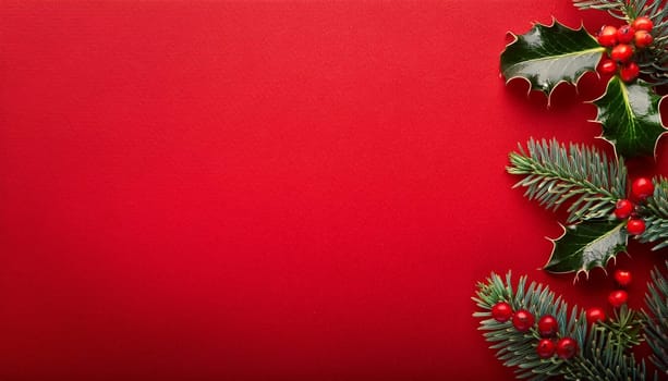 abstract red christmas background with holly and copy space, AI generated image