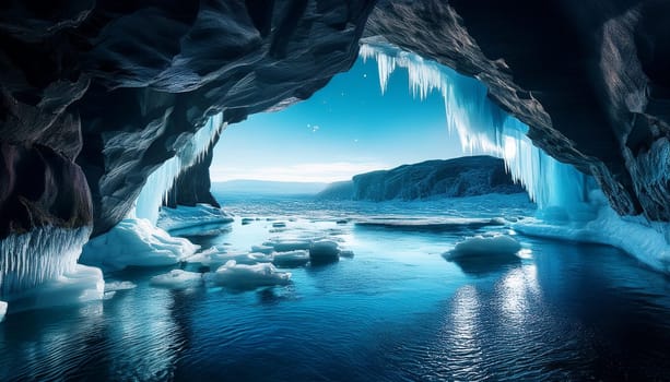 cave with icy water, AI generated image