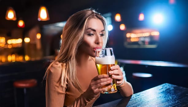 gorgeous young woman drinking beer at pub, AI generated image