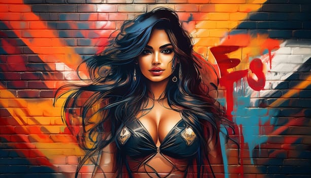 gorgeous young woman over graffiti wall, AI generated image