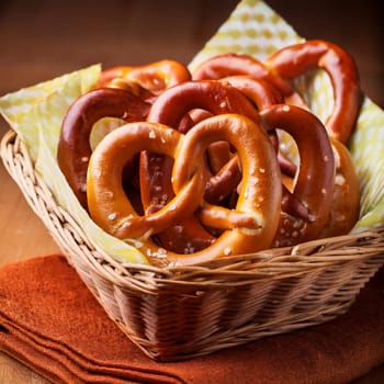brezel german food in a basket, AI generated image