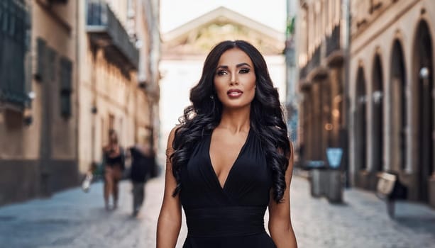 gorgeous young woman in mini black dress walking in the city center, AI generated image