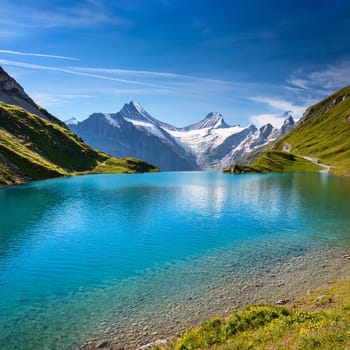 imaginary swiss mountain lake landscape, AI generated image