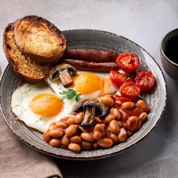 vegetarian English breakfast with baked beans fried mushrooms and egg, AI generated image