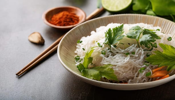 asian rice noodles with shiitake mushrooms and vegetables, AI generated image