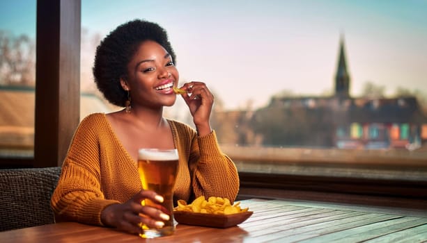 gorgeous young woman drinking beer at the pub, AI generated image