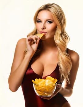 gorgeous young woman eating chips, AI generated image