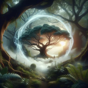 A mystical forest scene with a large tree surrounded by a glowing ring of light, creating a sense of magic and wonder. A high-quality photo.
