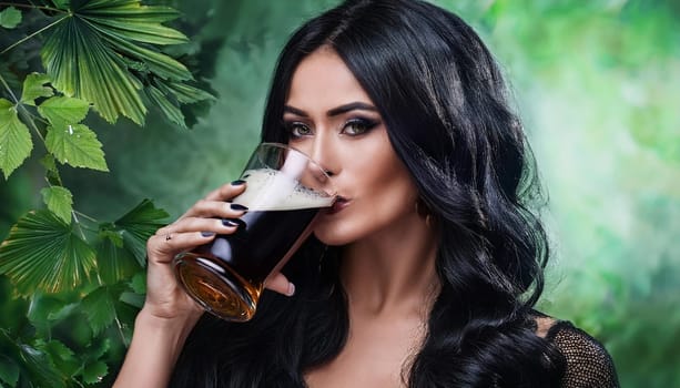 gorgeous young goth woman drinking beer, AI generated image