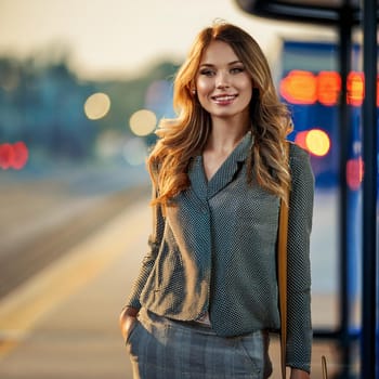pretty young woman waiting for transport at bus stop, AI generated image