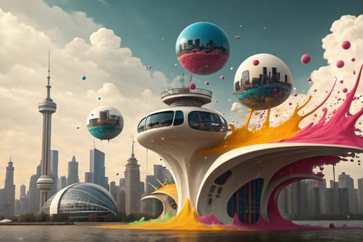 A futuristic cityscape with a large, white structure resembling a flying saucer, surrounded by colorful orbs and paint splatters. A high-quality photo.