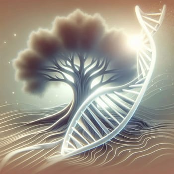 A symbolic image of a tree and a DNA double helix, intertwined in a field of light. A high-quality photo.