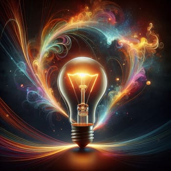 An image of a glowing light bulb with colorful, swirling lines and particles, representing creativity, inspiration, and new ideas. A high-quality photo.