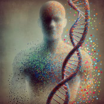 A symbolic image of a human figure dissolving into particles and a DNA helix made of colored dots, representing the complexity of life and human genetics. A high-quality photo.