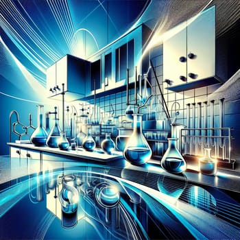 A stylized image of a laboratory with various beakers, flasks, and other equipment, surrounded by glowing blue lines. A high-quality photo.