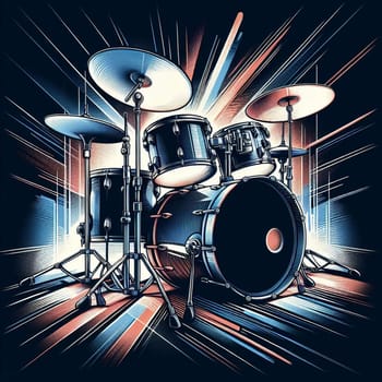 A stylized illustration of a drum set with a dynamic, colorful background, capturing the energy and excitement of music. A high-quality photo.