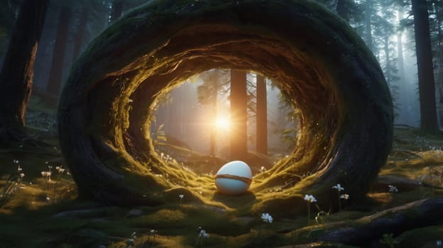 A mystical scene of a broken egg in a forest, with sunlight shining through the broken shell. A high-quality photo.