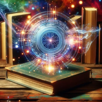 An old book with an intricate cover lies open on a wooden table, with a glowing, futuristic orb hovering above it. The image evokes a sense of magic and technology. A high-quality photo.