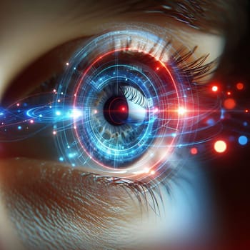 A close-up of a human eye with a digital interface superimposed on it, representing the intersection of technology and humanity. A high-quality photo.