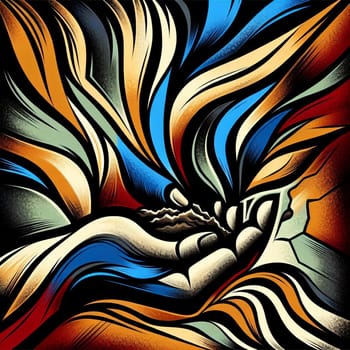 An abstract illustration of two hands reaching towards each other, with swirling, colorful lines and shapes in the background, representing connection and unity. A high-quality photo.