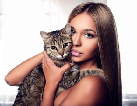 lady with a grey tabby cat, AI generated image