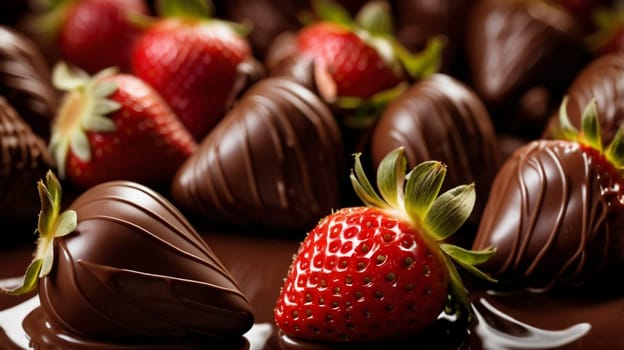 A close-up shot of a chocolate-covered strawberry. The image highlights the rich, dark chocolate and the bright red strawberry, creating a delicious and tempting visual. A high-quality photo.