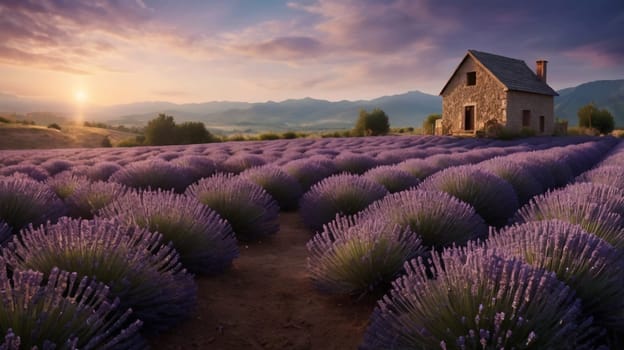 A breathtaking landscape of a lavender field at sunrise, with a stone house in the background. The scene is bathed in golden light, creating a peaceful and serene atmosphere. A high-quality photo.