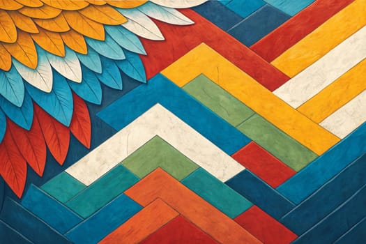 A colorful geometric pattern featuring layered shapes and feathers, creating a vibrant and abstract design. A high-quality photo.
