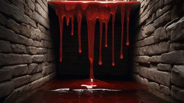 A dark and eerie image of a red liquid dripping from a ledge in a brick tunnel. The scene evokes a sense of suspense and horror. A high-quality photo.