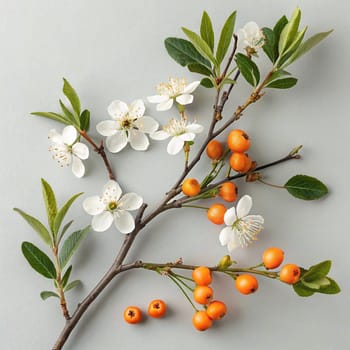 A branch with white blossoms and orange berries, isolated on a light gray background. The image captures the beauty of nature's delicate details. A high-quality photo.