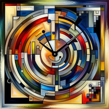 An abstract, geometric painting with a clock face at the center. The painting is composed of bold colors and shapes, suggesting the passage of time and the complexity of life. A high-quality photo.