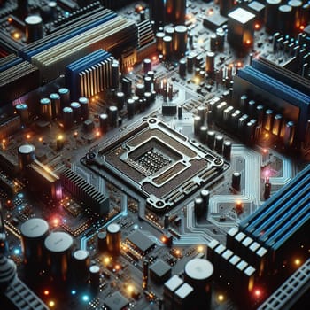 A close-up shot of a computer motherboard with glowing lights, revealing the intricate network of circuits and components. A high-quality photo.