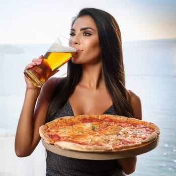gorgeous young woman eating pizza and drinking beer, AI generated image