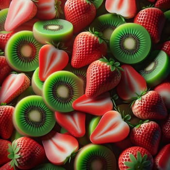 A close-up shot of a collection of sliced strawberries and kiwi fruit. The image is vibrant and colorful, showcasing the natural beauty of the fruits. A high-quality photo.